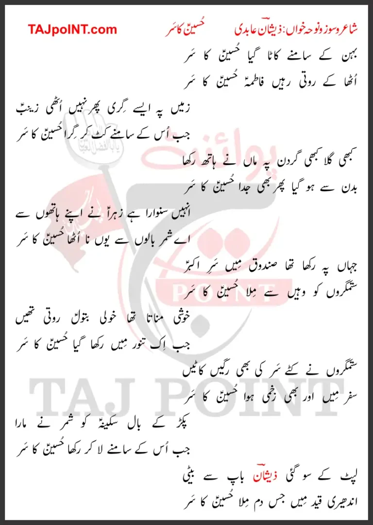 Hussain Ka Sar Zeeshan Abidi Lyrics Urdu 2024 Very Sad Latest Noha
