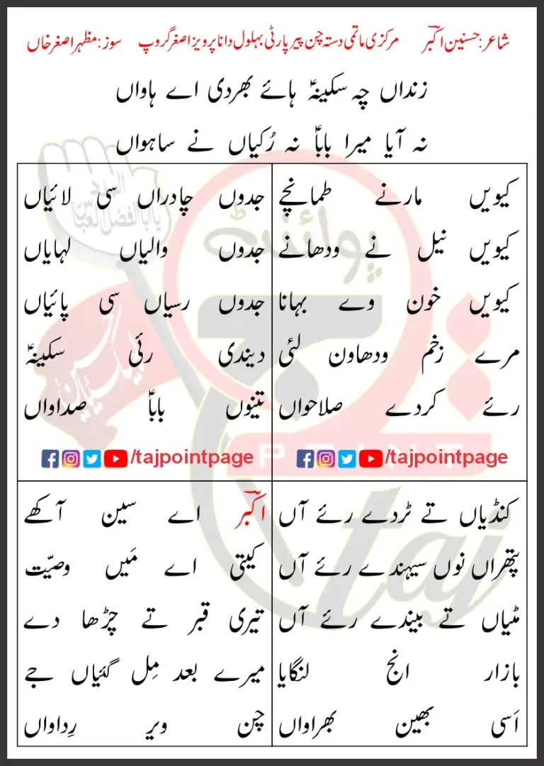 Zindaan Che Sakina Haye Bhardi Aye Hawaan Lyrics 2024