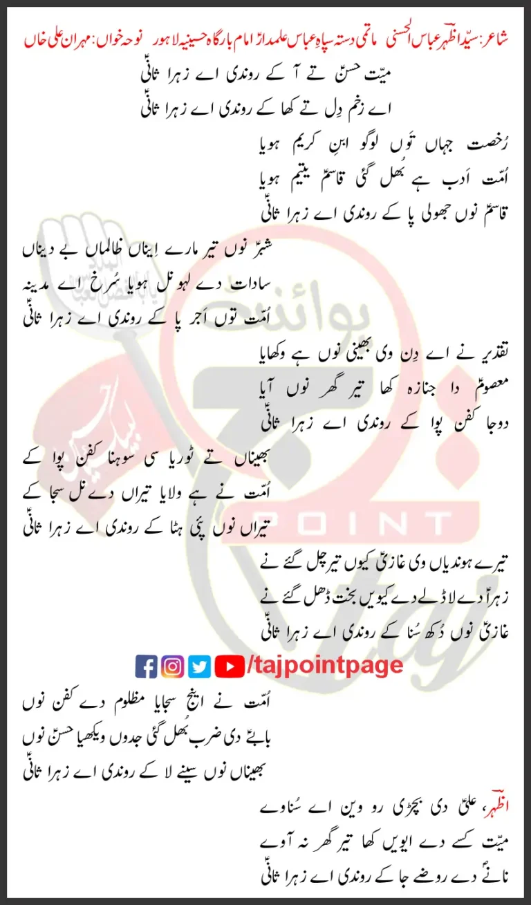 Maiyyat Hasan Te Aa Ke Rondi Aye Zahra Sani Lyrics 2024