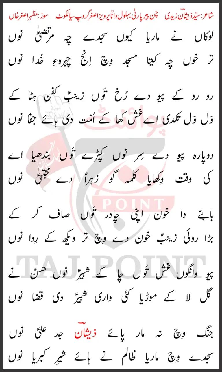 Lokan Ne Marya Kyun Sajday Che Murtaza Nu Lyrics New Noha 24 Ramzan 2026 Hazrat Ali AS Shahadat Noha