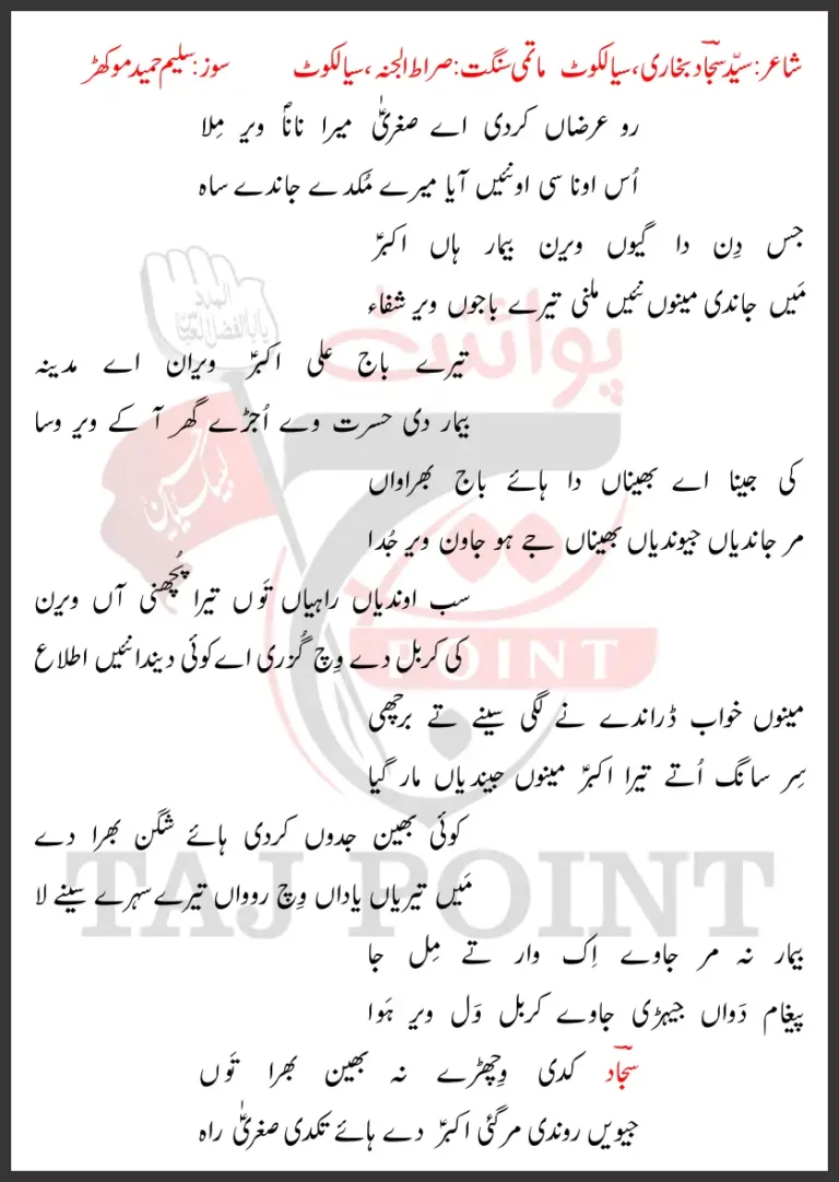 Ro Arzaan Kardi Aye Sughra Mera Nana Veer Mila Lyrics New Noha 02 Muharram 2025 Sirat ul Jannah Sialkot